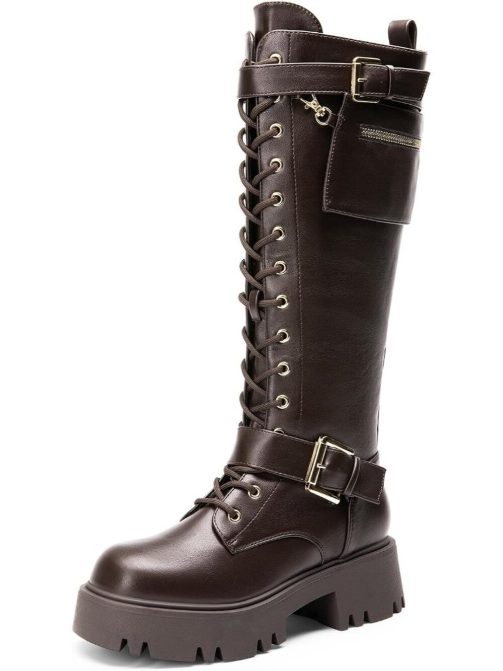 Women's Brown Faux Leather Lace-up Inside Zipper Removable Pocket Knee High Boot